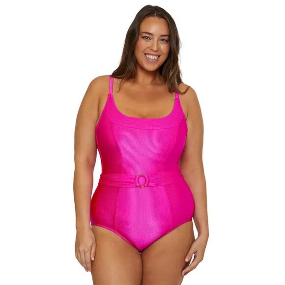 Becca ETC Plus Size Ring Belted Rib One-Piece Swimsuit, Pink, Size 3XL 0318 - Picture 1 of 3